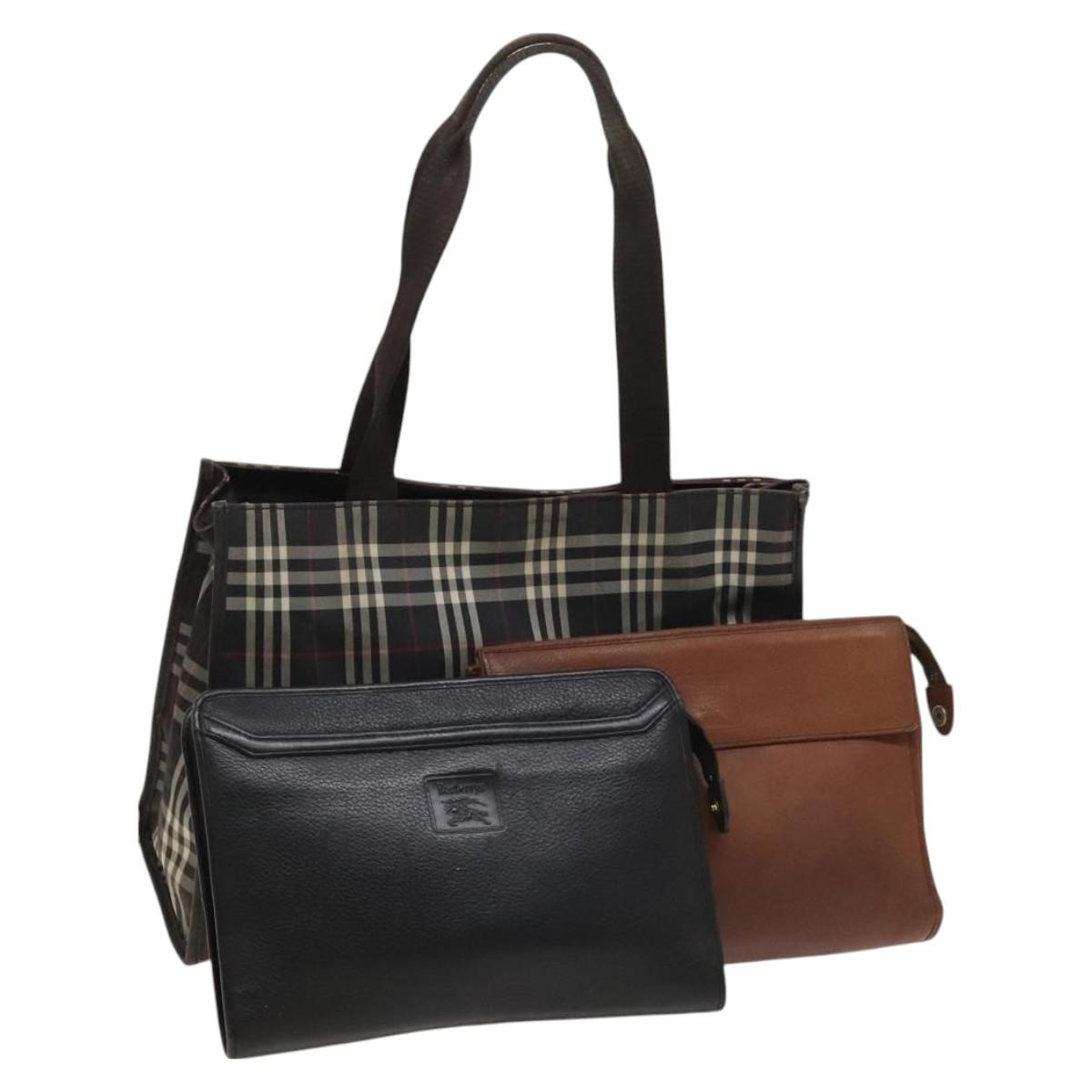 BURBERRY Nova Check Shoulder Bag Nylon Leather 3Set Black Brown Auth bs27232