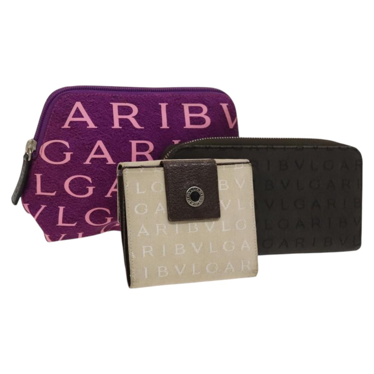 BVLGARI Logo Mania Wallet Canvas Nylon 3Set Beige Brown purple Auth bs27235