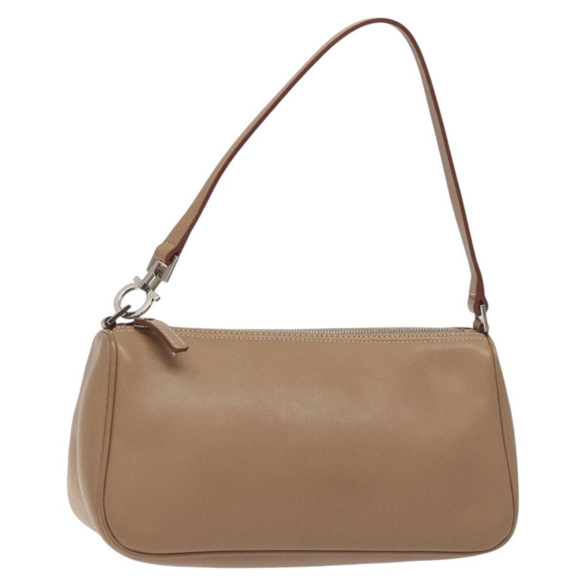 Salvatore Ferragamo Gancini Accessory Pouch Leather Beige Silver Auth bs27288
