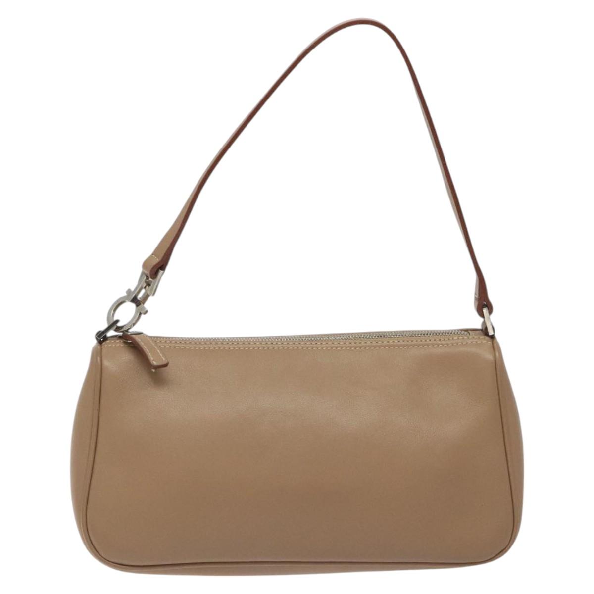 Salvatore Ferragamo Gancini Accessory Pouch Leather Beige Silver Auth bs27288