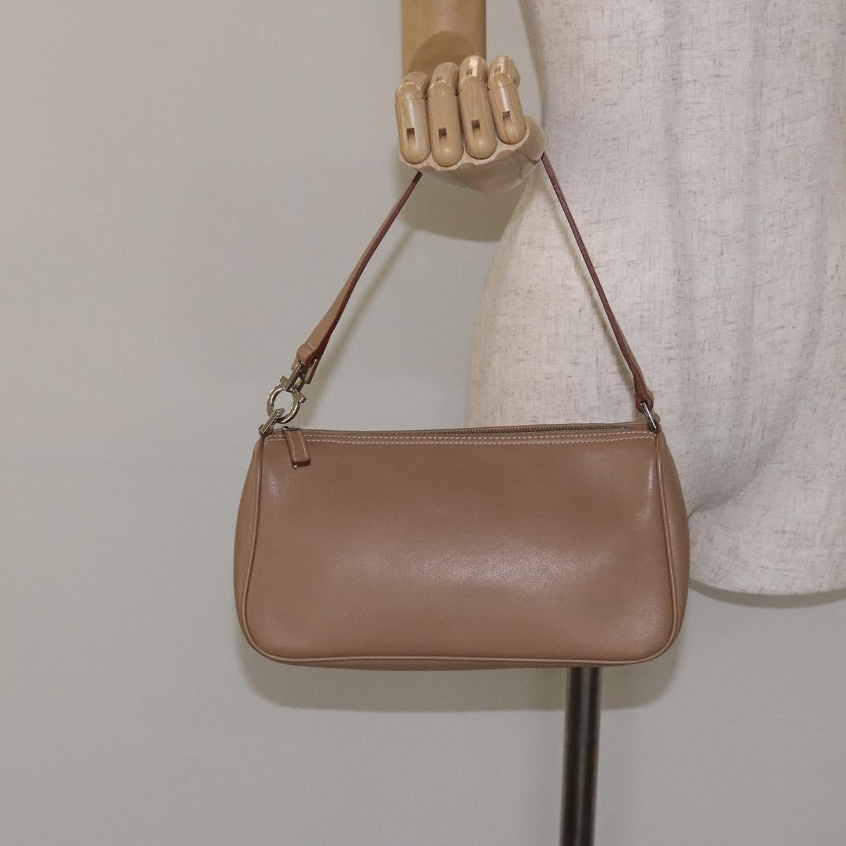 Salvatore Ferragamo Gancini Accessory Pouch Leather Beige Silver Auth bs27288