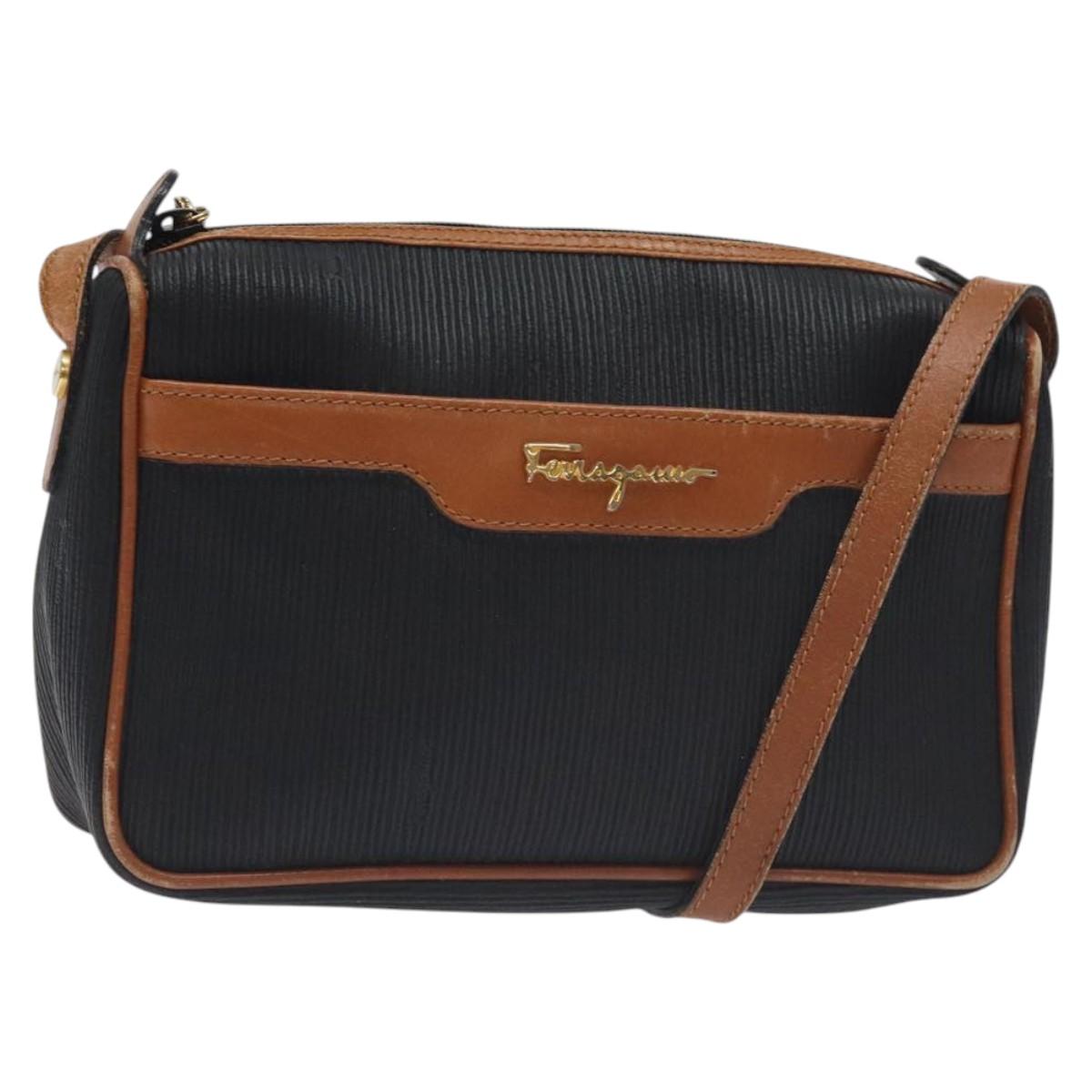Salvatore Ferragamo Shoulder Bag Leather PVC Black Gold Auth bs27289