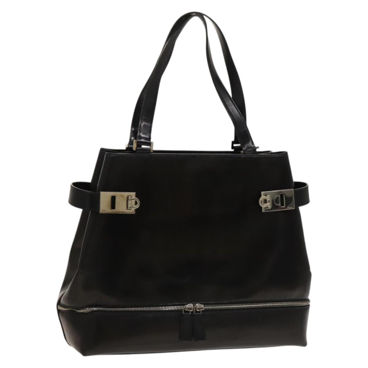 Salvatore Ferragamo Gancini Tote Bag Leather Black Silver Auth bs27292