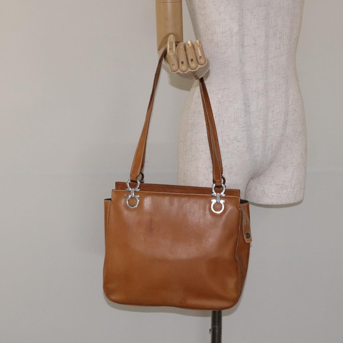 Salvatore Ferragamo Gancini Tote Bag Leather Brown Silver Auth bs27293