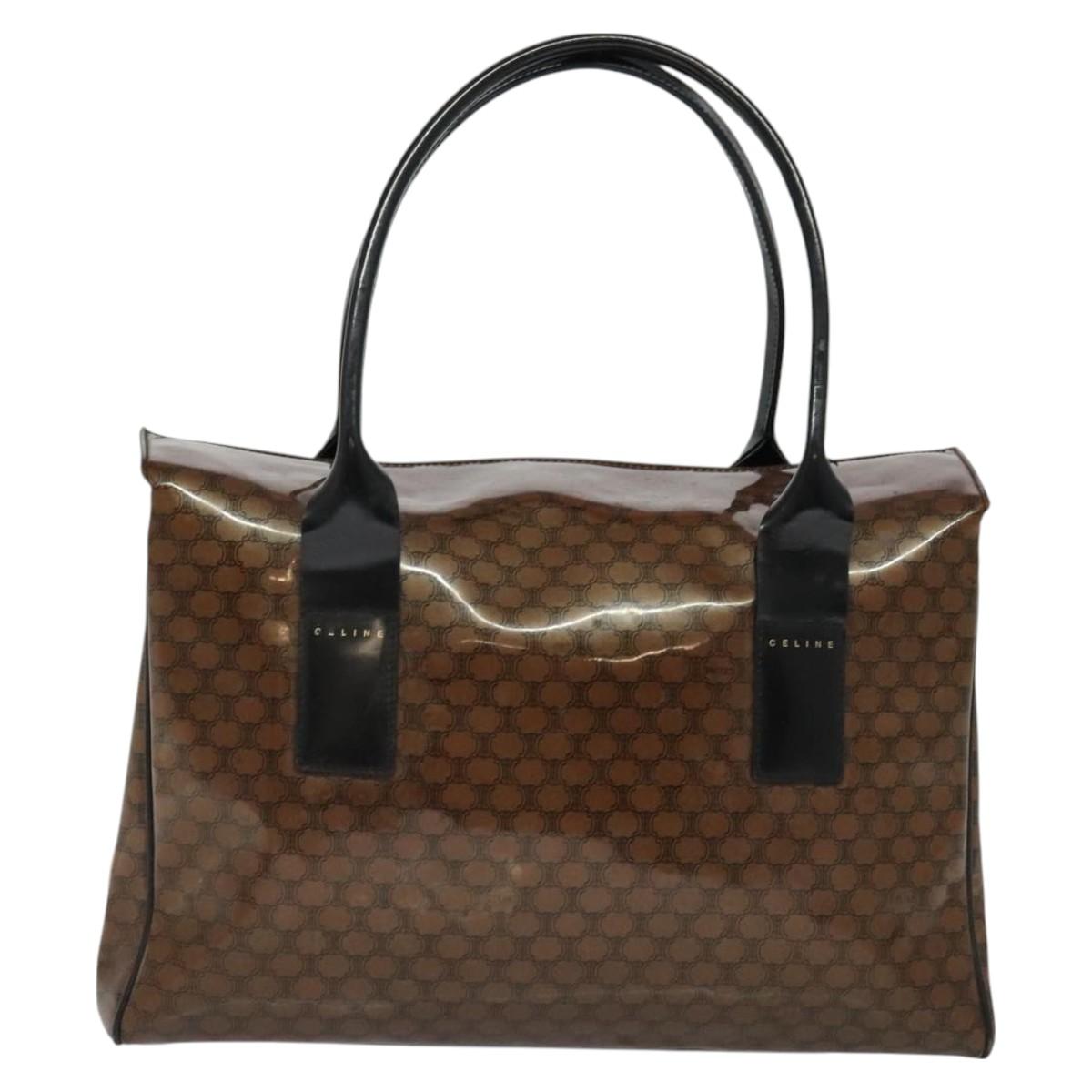 CELINE Macadam Canvas Hand Bag Enamel Brown Gold Auth bs27304