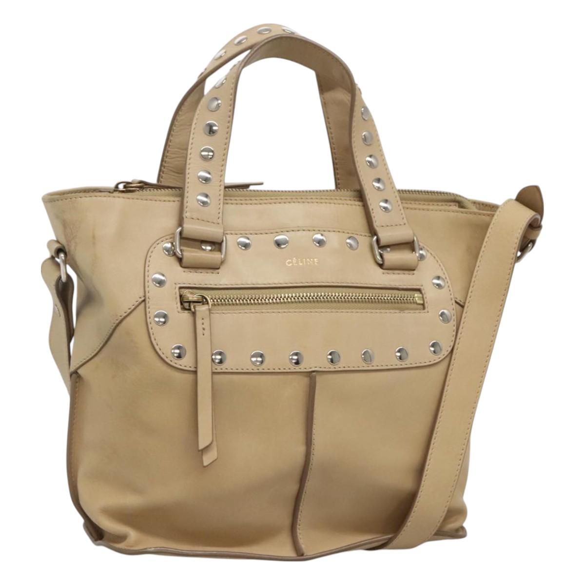 CELINE Hand Bag Leather 2way Beige Silver Auth bs27306