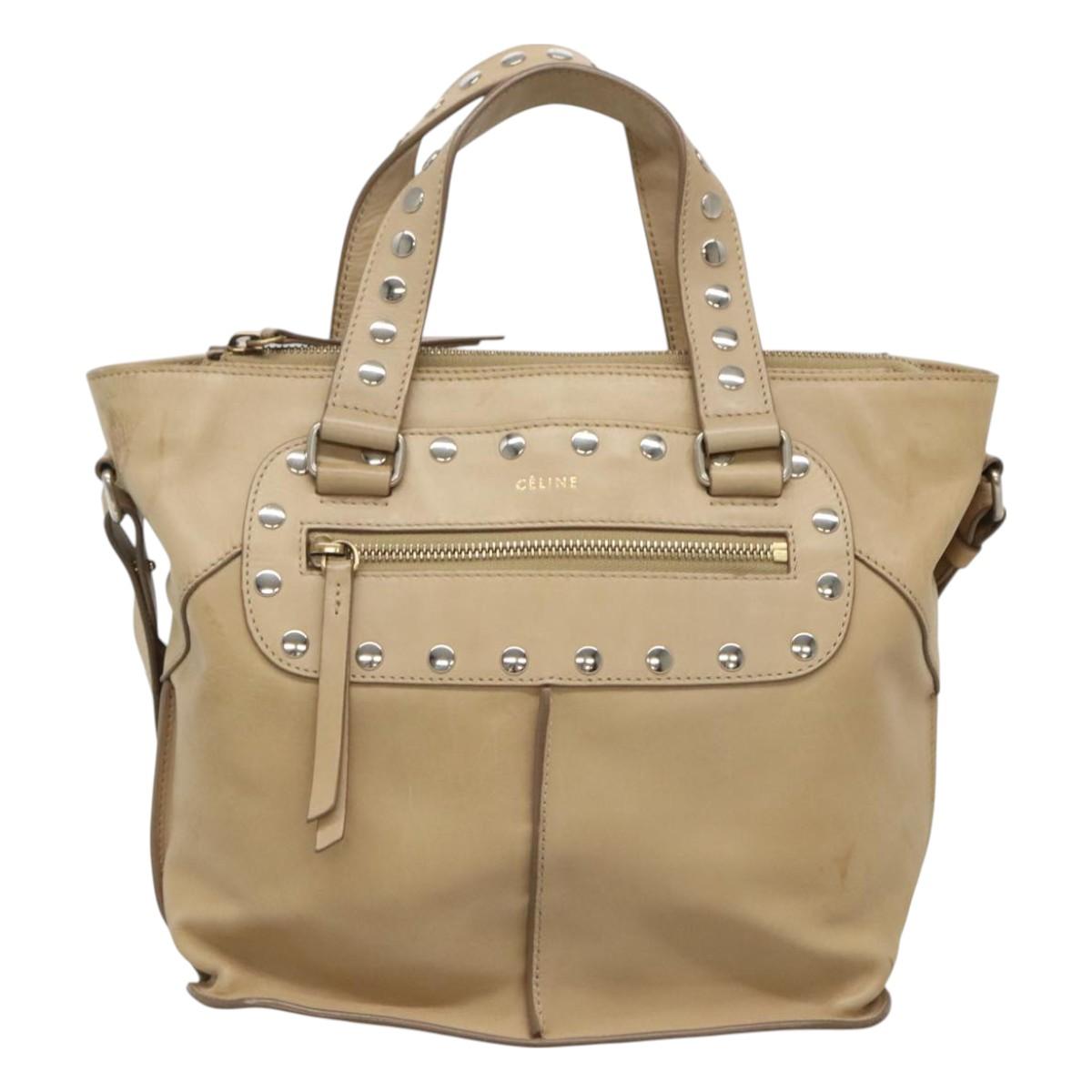 CELINE Hand Bag Leather 2way Beige Silver Auth bs27306