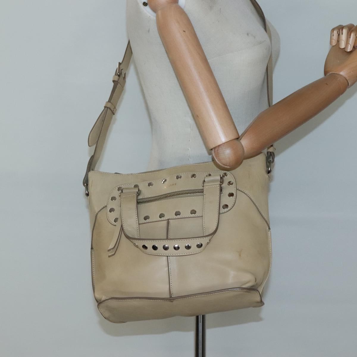 CELINE Hand Bag Leather 2way Beige Silver Auth bs27306