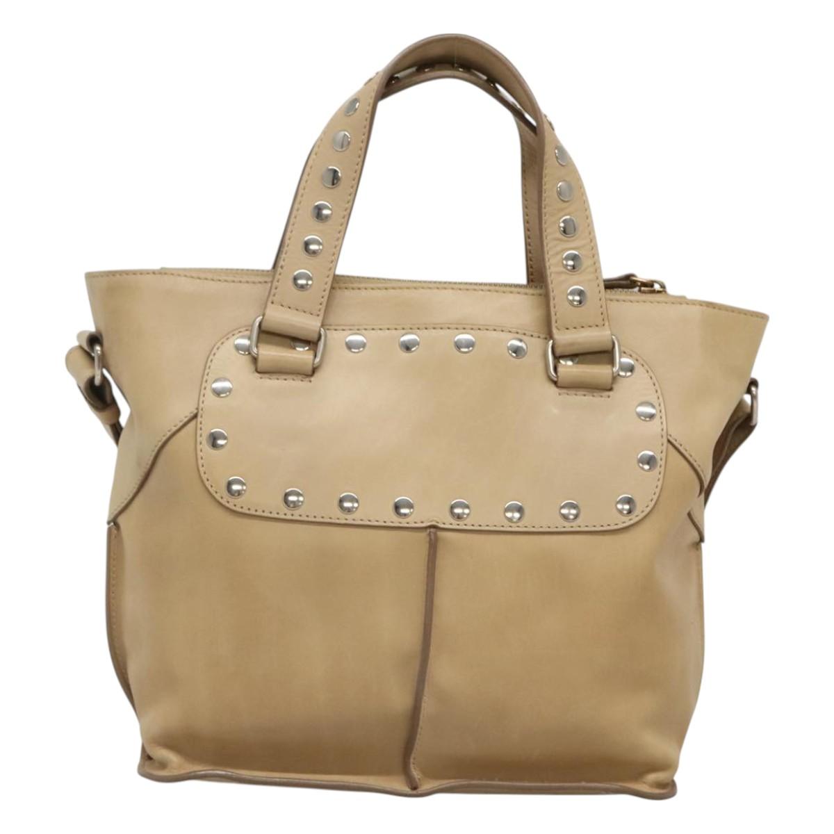 CELINE Hand Bag Leather 2way Beige Silver Auth bs27306