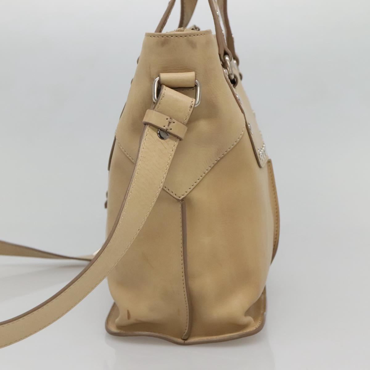 CELINE Hand Bag Leather 2way Beige Silver Auth bs27306