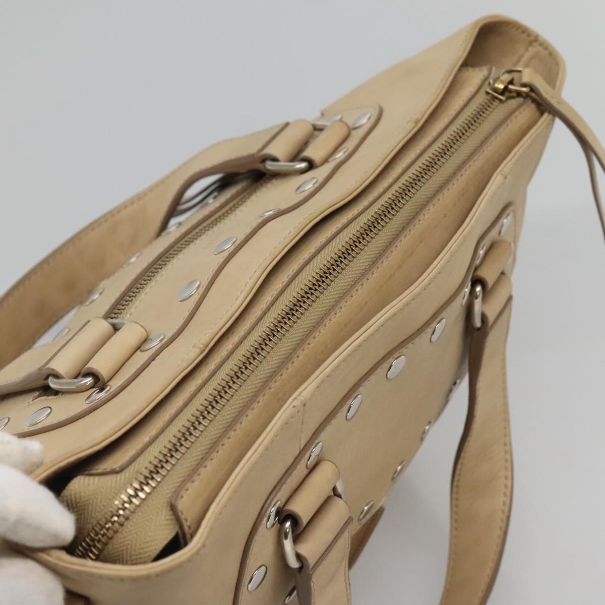 CELINE Hand Bag Leather 2way Beige Silver Auth bs27306
