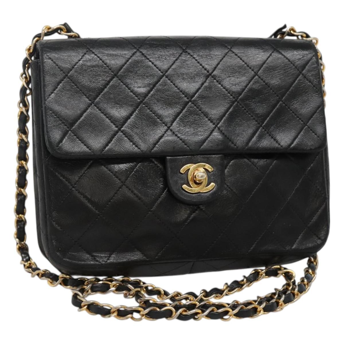 CHANEL Mini Matelasse Chain Shoulder Bag Lamb Skin Black Gold CC Auth bs27341