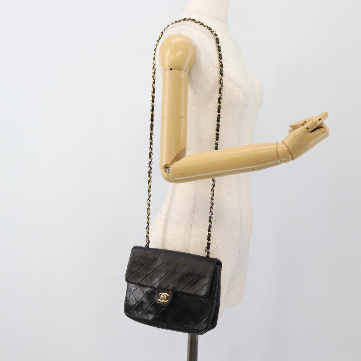 CHANEL Mini Matelasse 20 Chain Shoulder Bag Lamb Skin Black Gold CC Auth bs27341