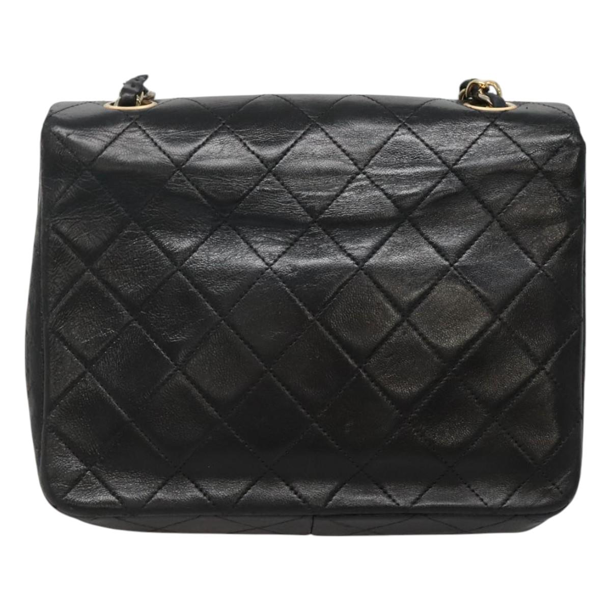 CHANEL Mini Matelasse Chain Shoulder Bag Lamb Skin Black Gold CC Auth bs27341