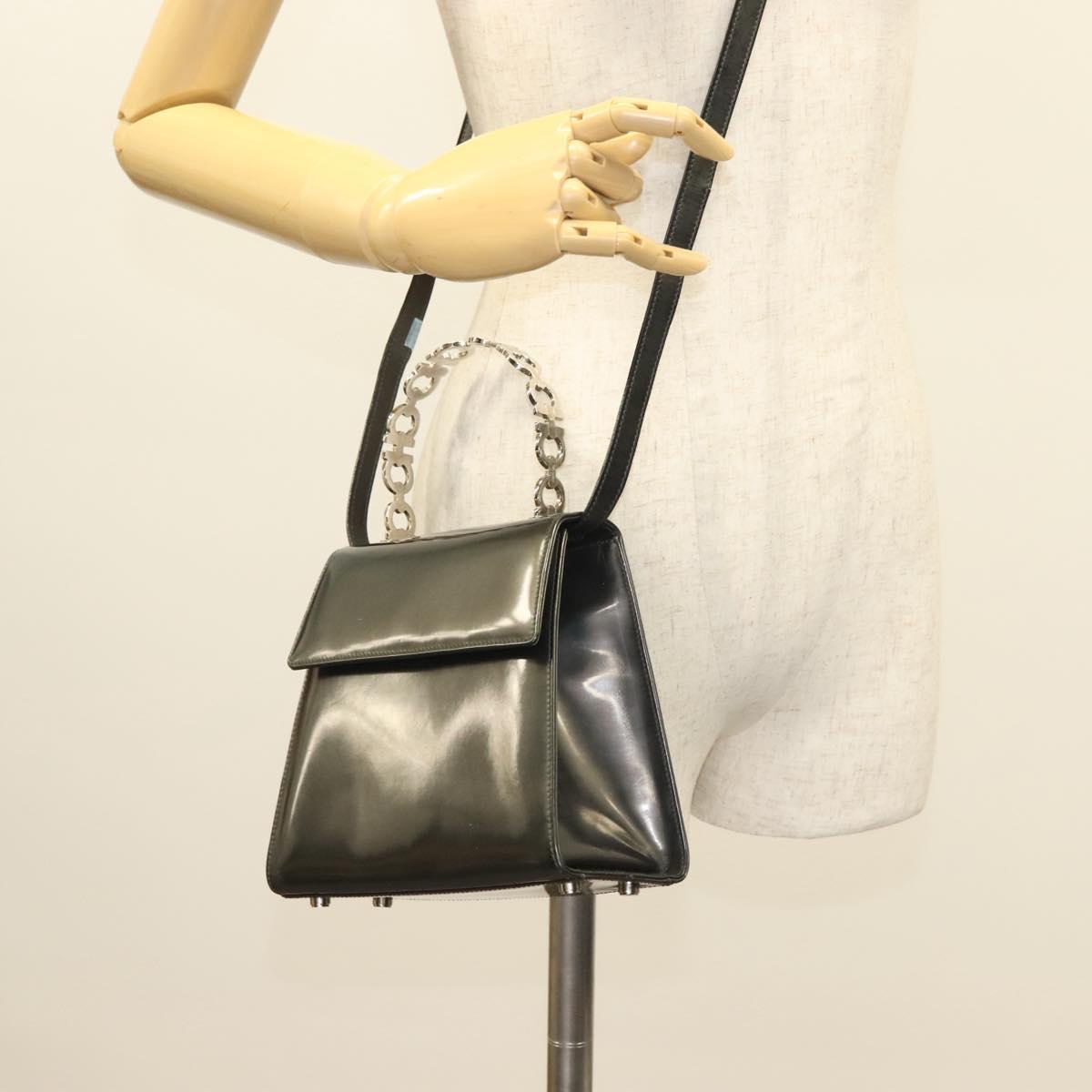 Salvatore Ferragamo Gancini Hand Bag Enamel 2way Gray Silver Auth bs27352