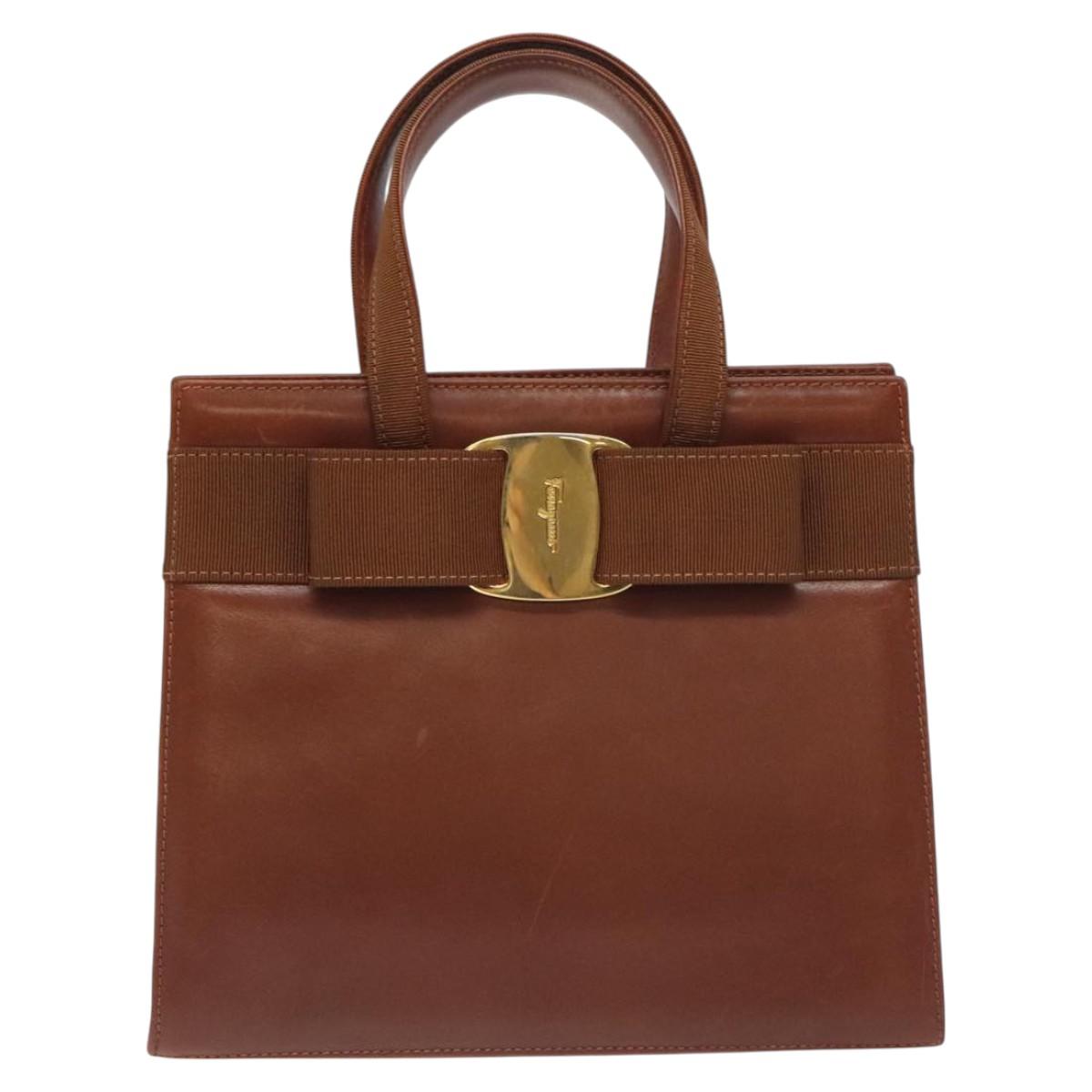 Salvatore Ferragamo Vala Hand Bag Leather Brown Gold Auth bs27353