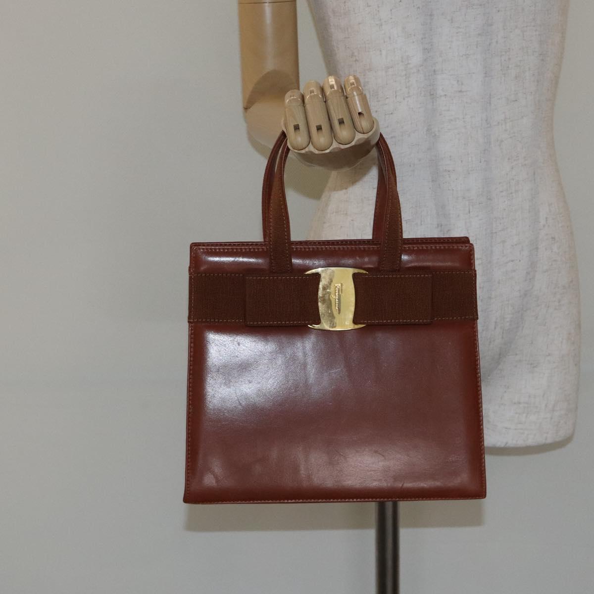 Salvatore Ferragamo Vala Hand Bag Leather Brown Gold Auth bs27353