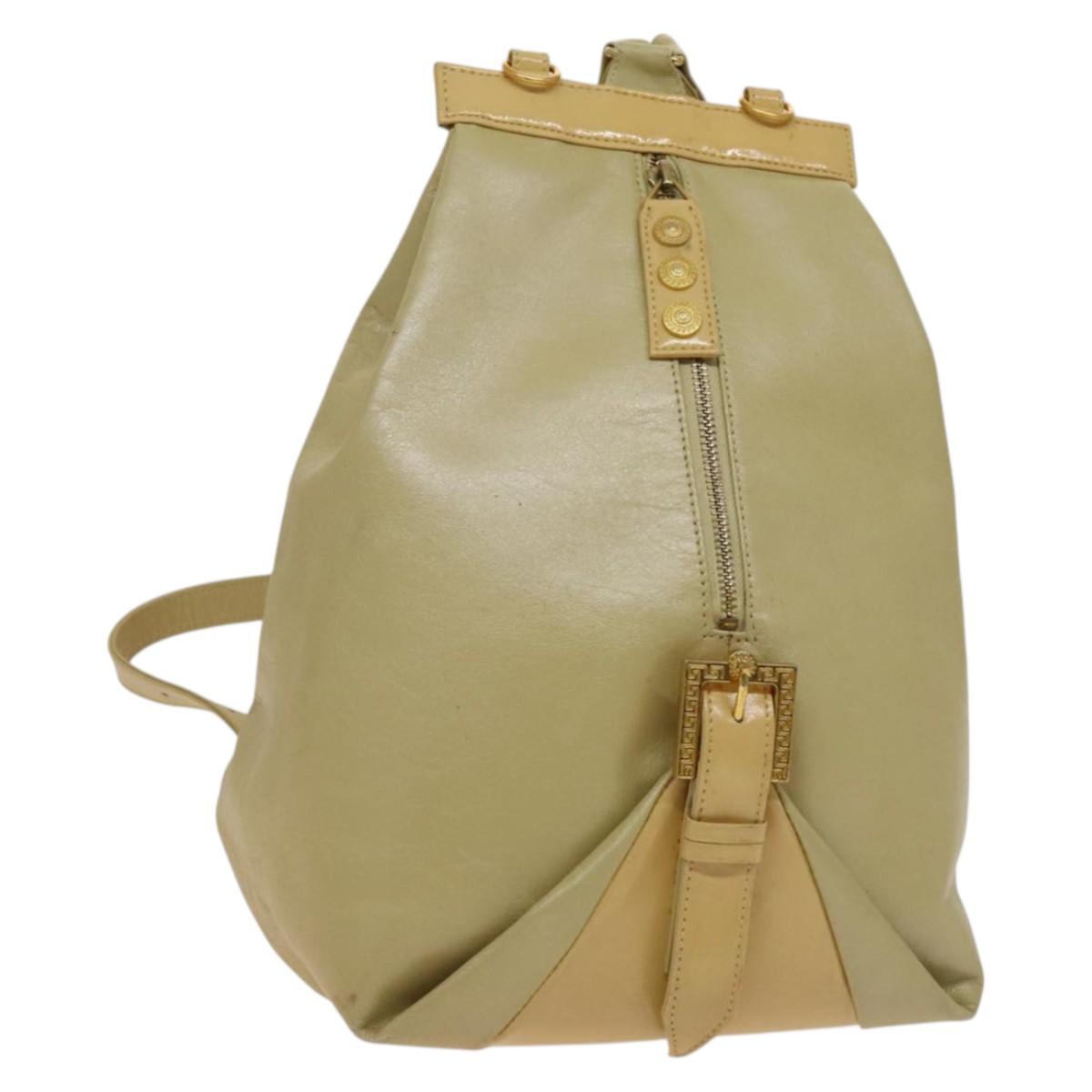 VERSACE Backpack Leather Beige Gold Auth bs27362