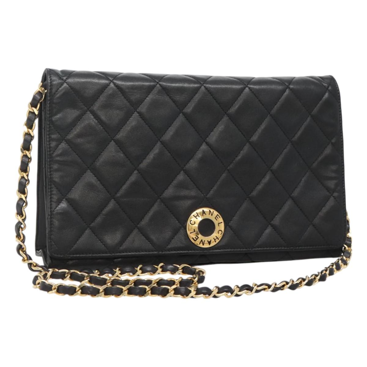 CHANEL Matelasse Chain Shoulder Bag Lamb Skin Black Gold CC Auth bs27414