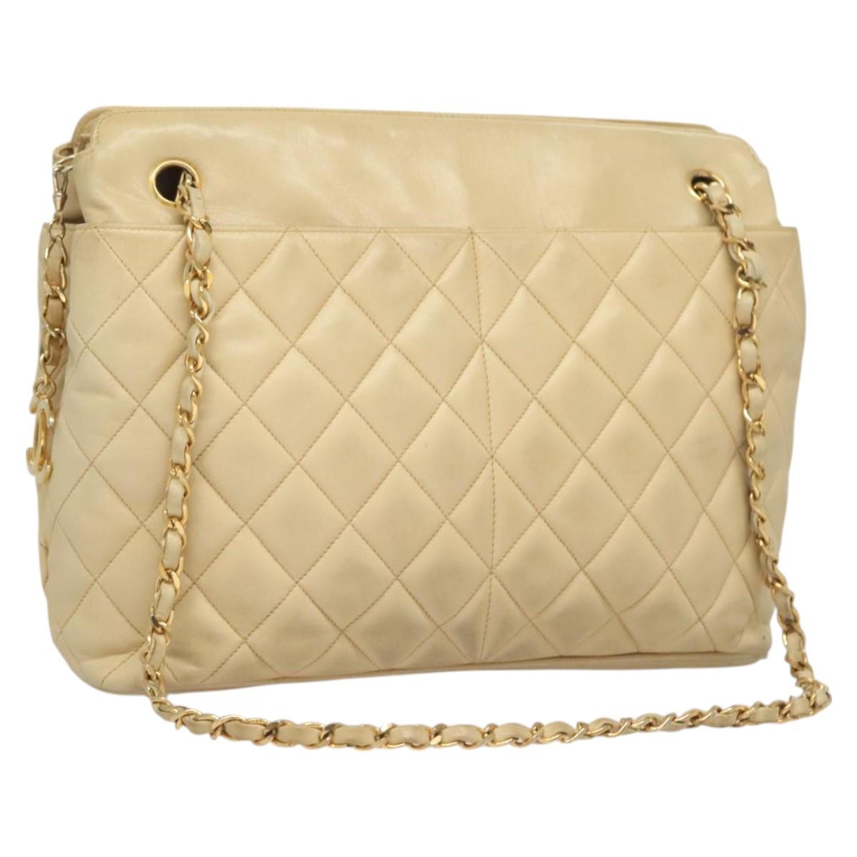 CHANEL Matelasse Chain Shoulder Bag Lamb Skin Beige Gold CC Auth bs27415