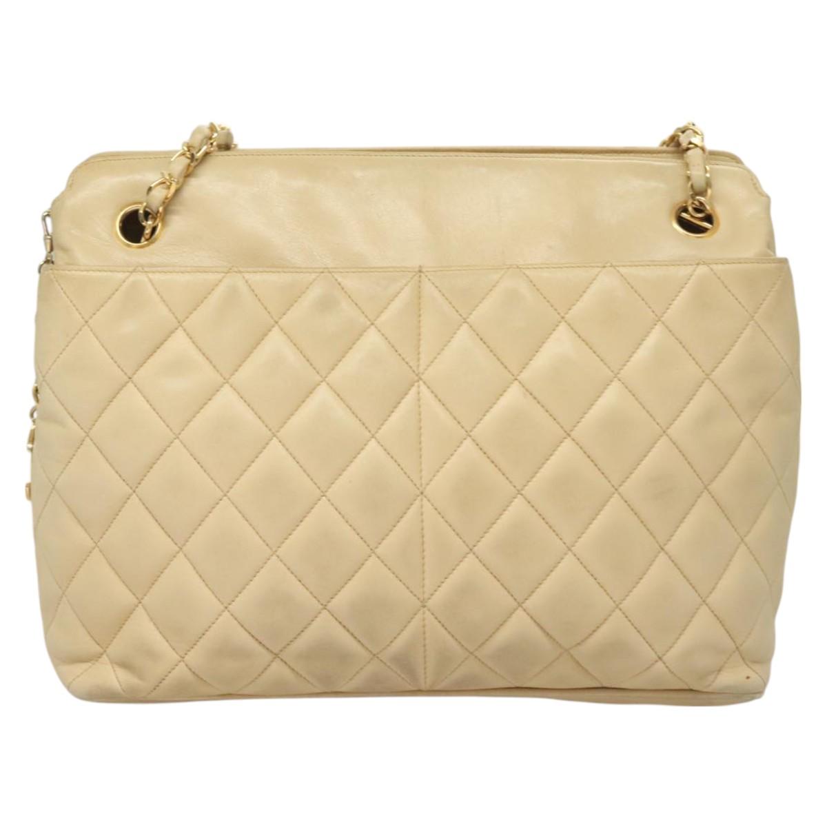 CHANEL Matelasse Chain Shoulder Bag Lamb Skin Beige Gold CC Auth bs27415