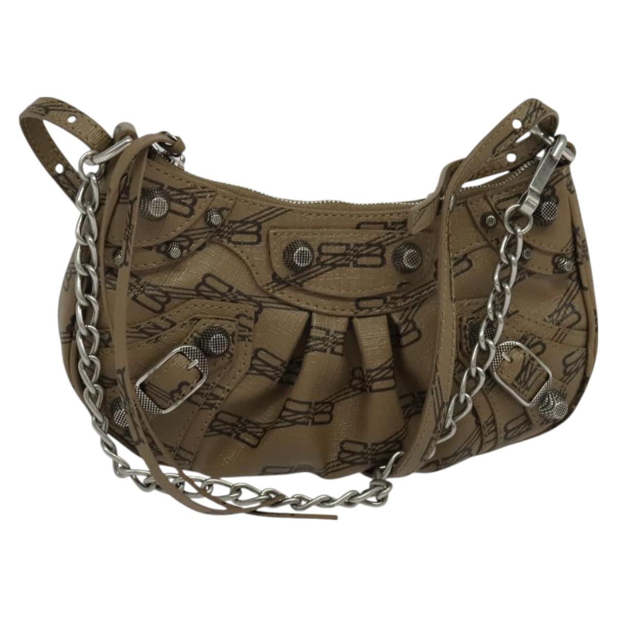 BALENCIAGA Chain Le Cagoule Mini Shoulder Bag Leather Beige Silver Auth bs27430