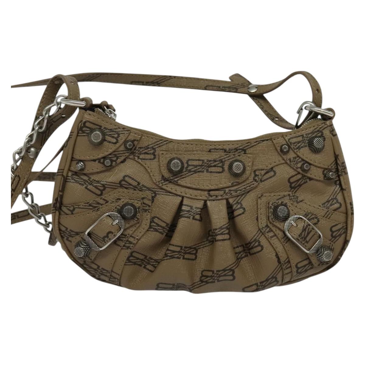 BALENCIAGA Chain Le Cagoule Mini Shoulder Bag Leather Beige Silver Auth bs27430