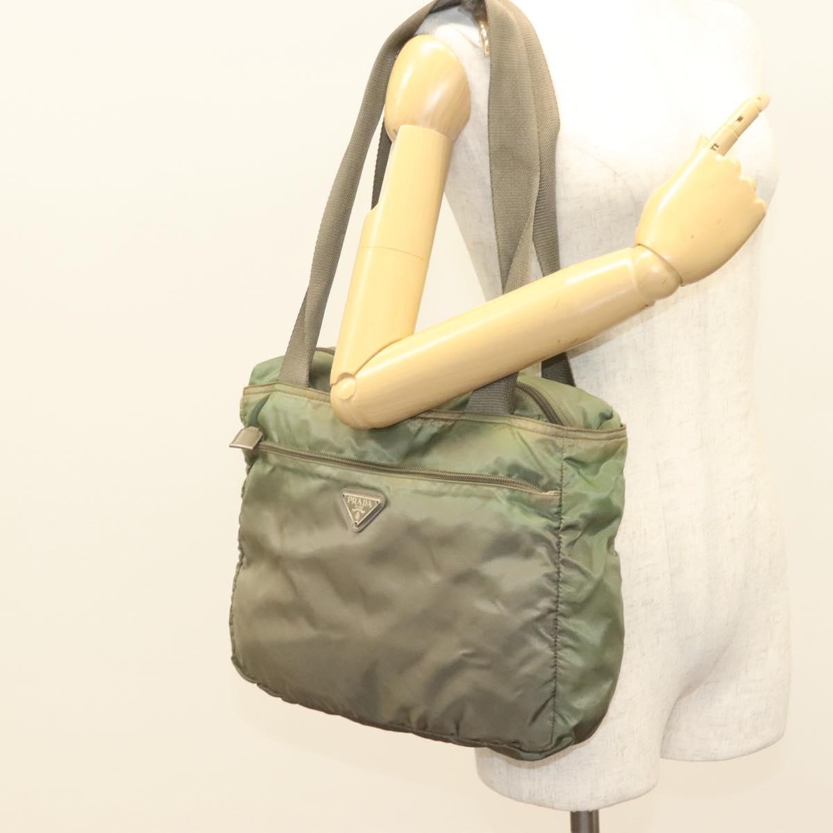 PRADA Tote Bag Nylon Khaki Silver Auth bs27455