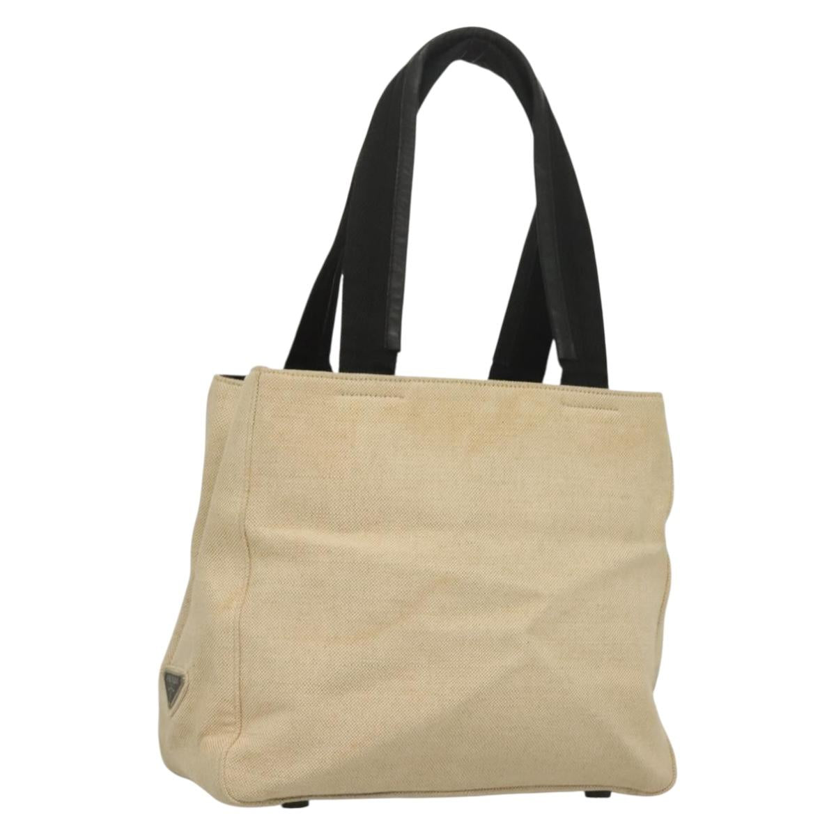 PRADA Sports Tote Bag Canvas Beige Black Auth bs27461