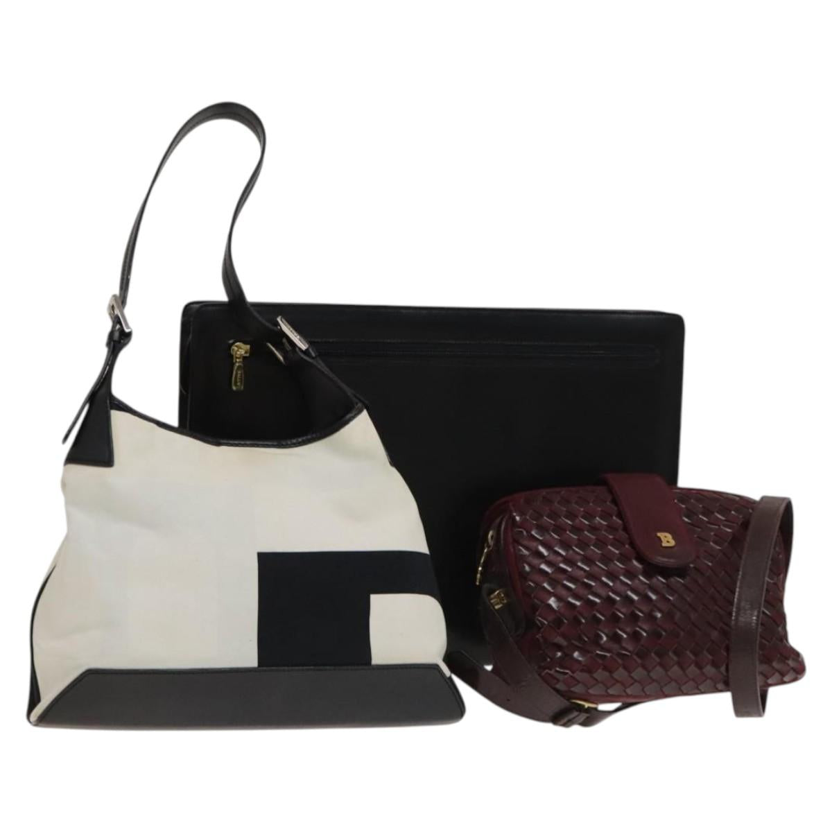 BALLY Shoulder Bag Canvas Leather 3Set Bordeaux Black white Auth bs27462