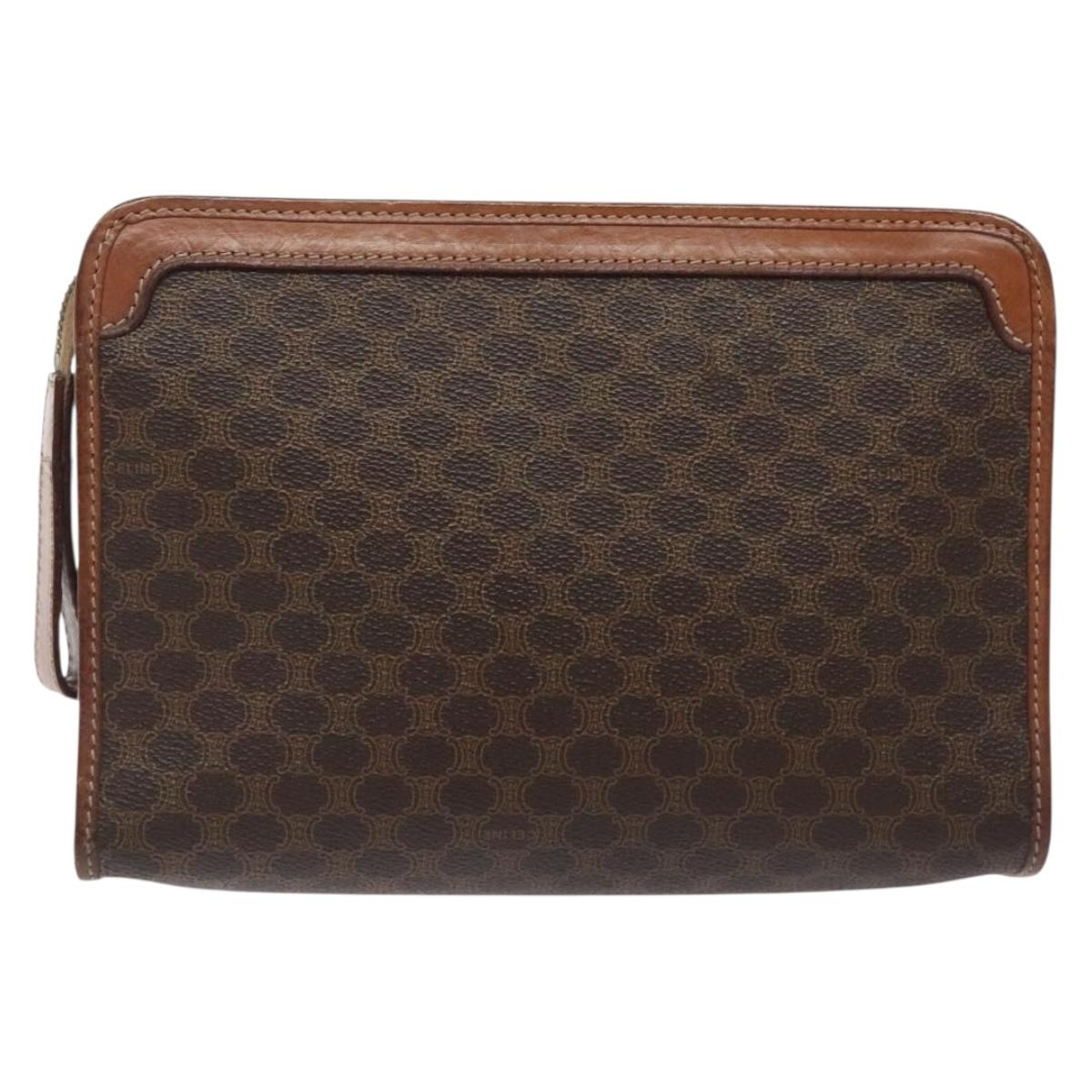 CELINE Macadam Canvas Clutch Bag PVC Leather Brown Gold Auth bs27482