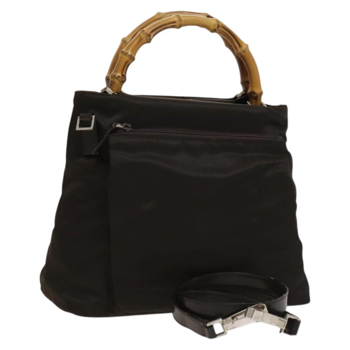 GUCCI Bamboo Hand Bag Nylon 2way Brown Silver 002 2058 0508 5 Auth bs27506