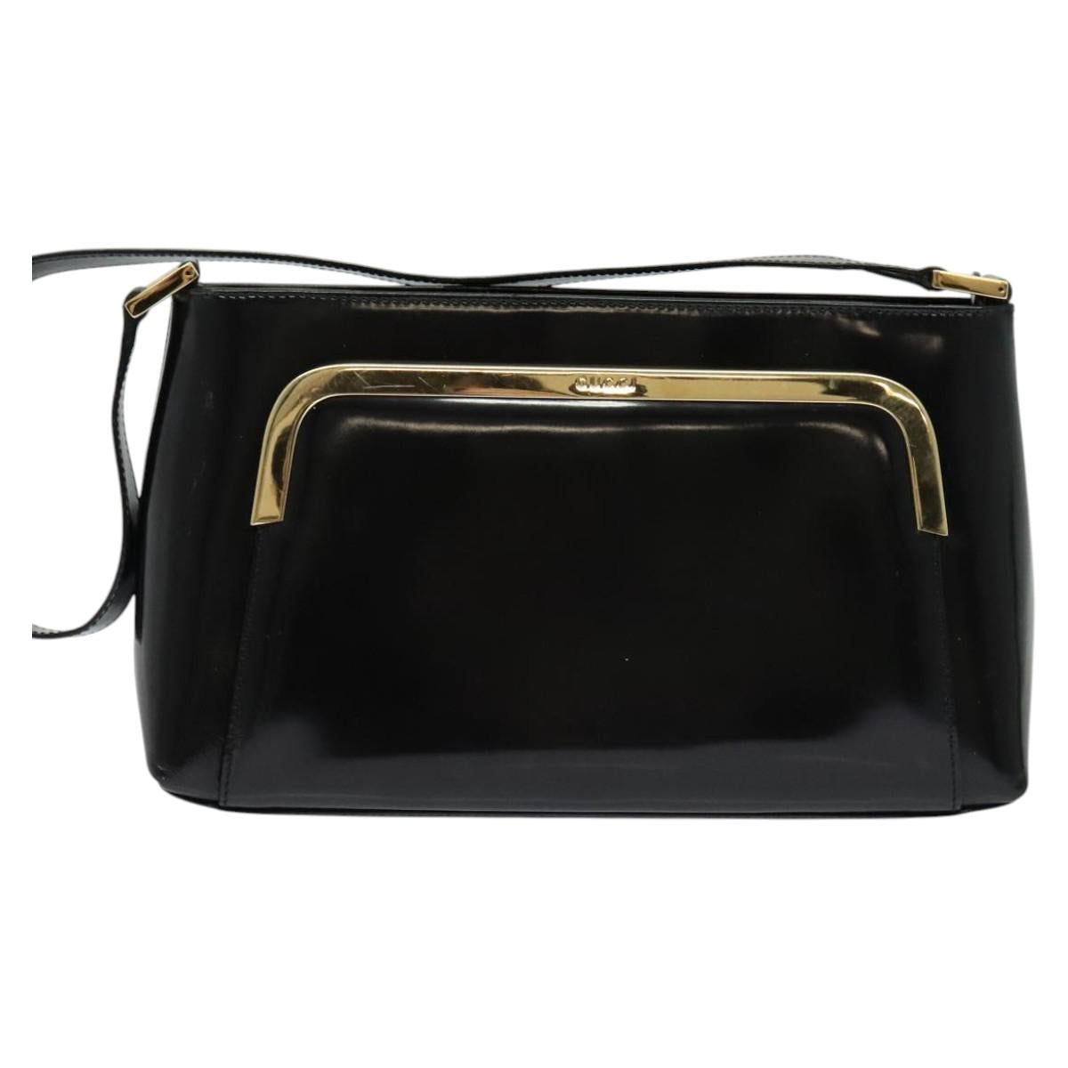 GUCCI Shoulder Bag Enamel Black Gold Auth bs27509