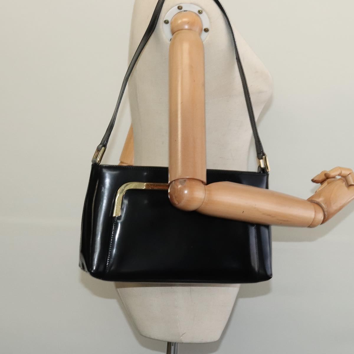 GUCCI Shoulder Bag Enamel Black Gold Auth bs27509