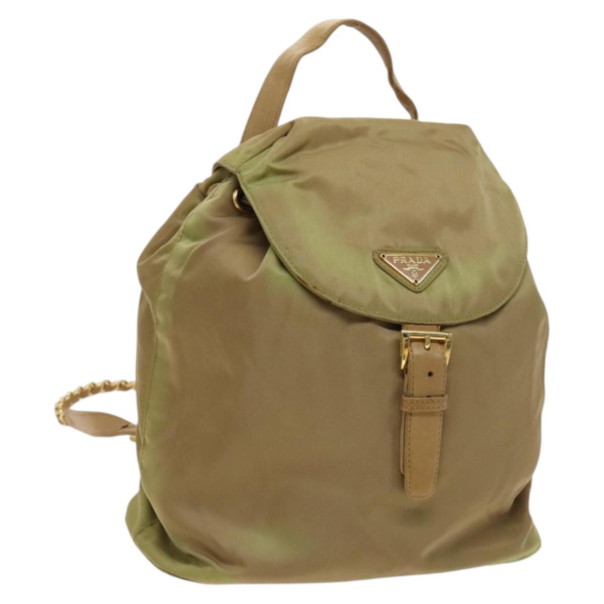 PRADA Chain Backpack Nylon Khaki Gold Auth bs27511