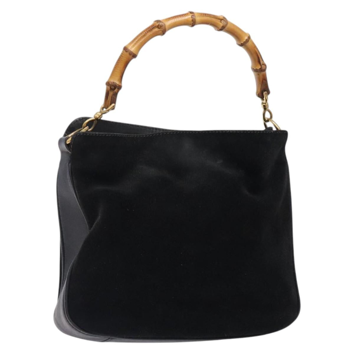 GUCCI Bamboo Hand Bag Suede Black Gold 001 1638 Auth bs27560