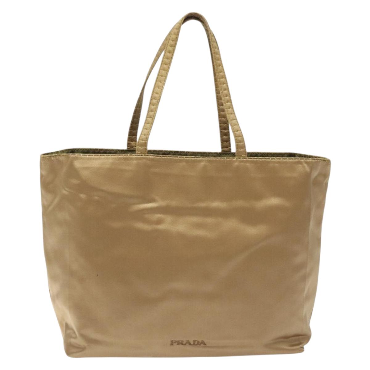 PRADA Hand Bag Satin Beige Gold Auth bs27603