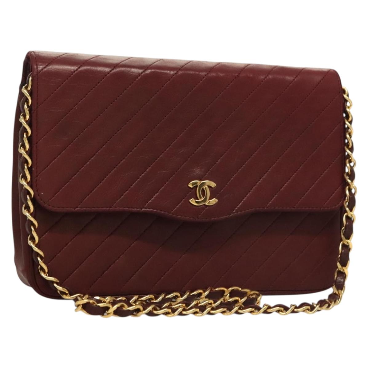 CHANEL Full Flap Chain Shoulder Bag Lamb Skin Bordeaux Gold CC Auth bs27626