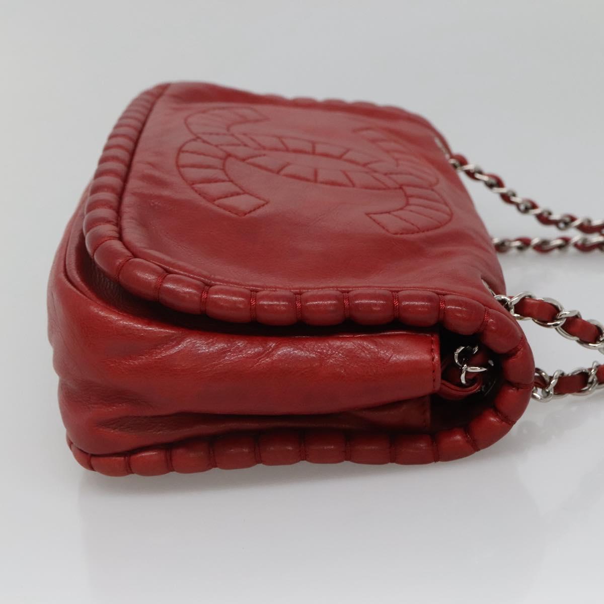 CHANEL Chain Shoulder Bag Leather Red Silver CC Auth bs27630
