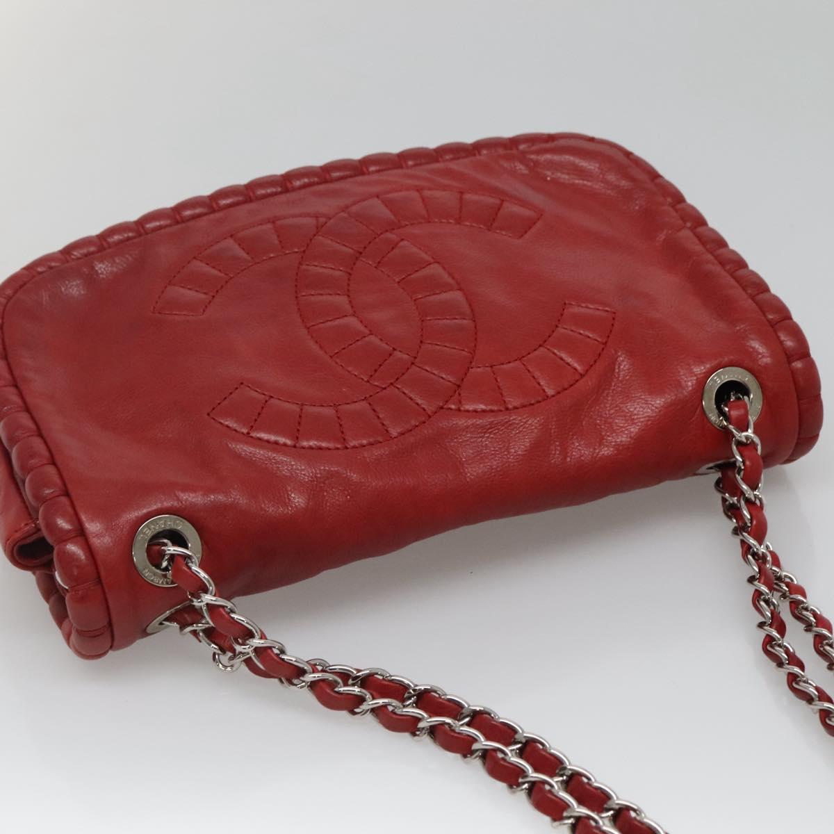 CHANEL Chain Shoulder Bag Leather Red Silver CC Auth bs27630