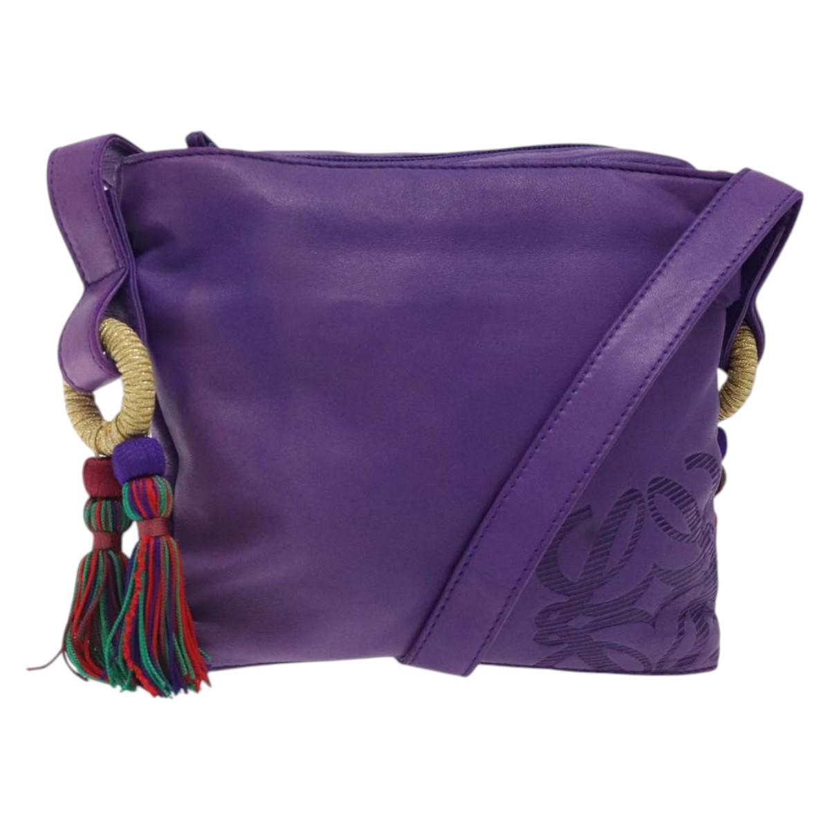 LOEWE Anagram Shoulder Bag Leather Purple Gold Auth bs27640