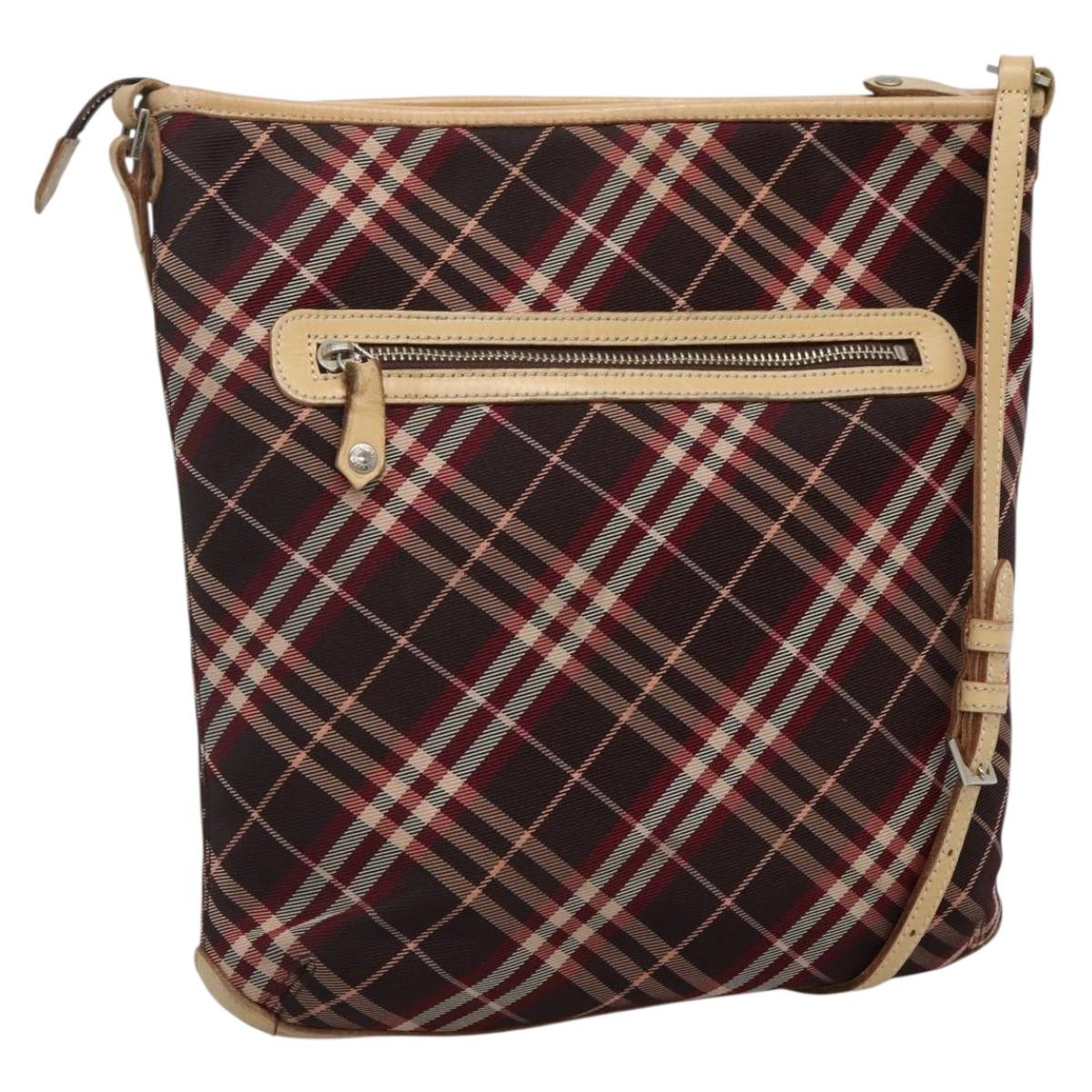 BURBERRY Nova Check Blue Label Shoulder Bag Canvas Red Silver Auth bs27656