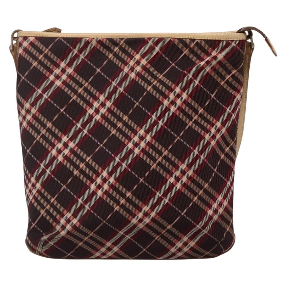 BURBERRY Nova Check Blue Label Shoulder Bag Canvas Red Silver Auth bs27656