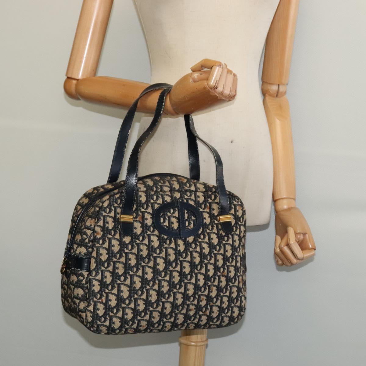 Christian Dior Trotter Canvas Hand Bag Navy Gold Auth bs27680