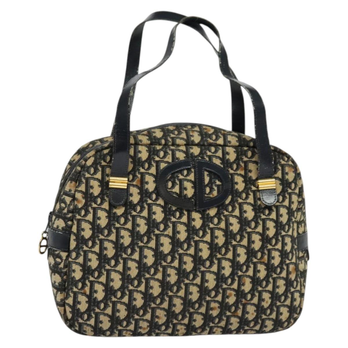 Christian Dior Trotter Canvas Hand Bag Navy Gold Auth bs27680