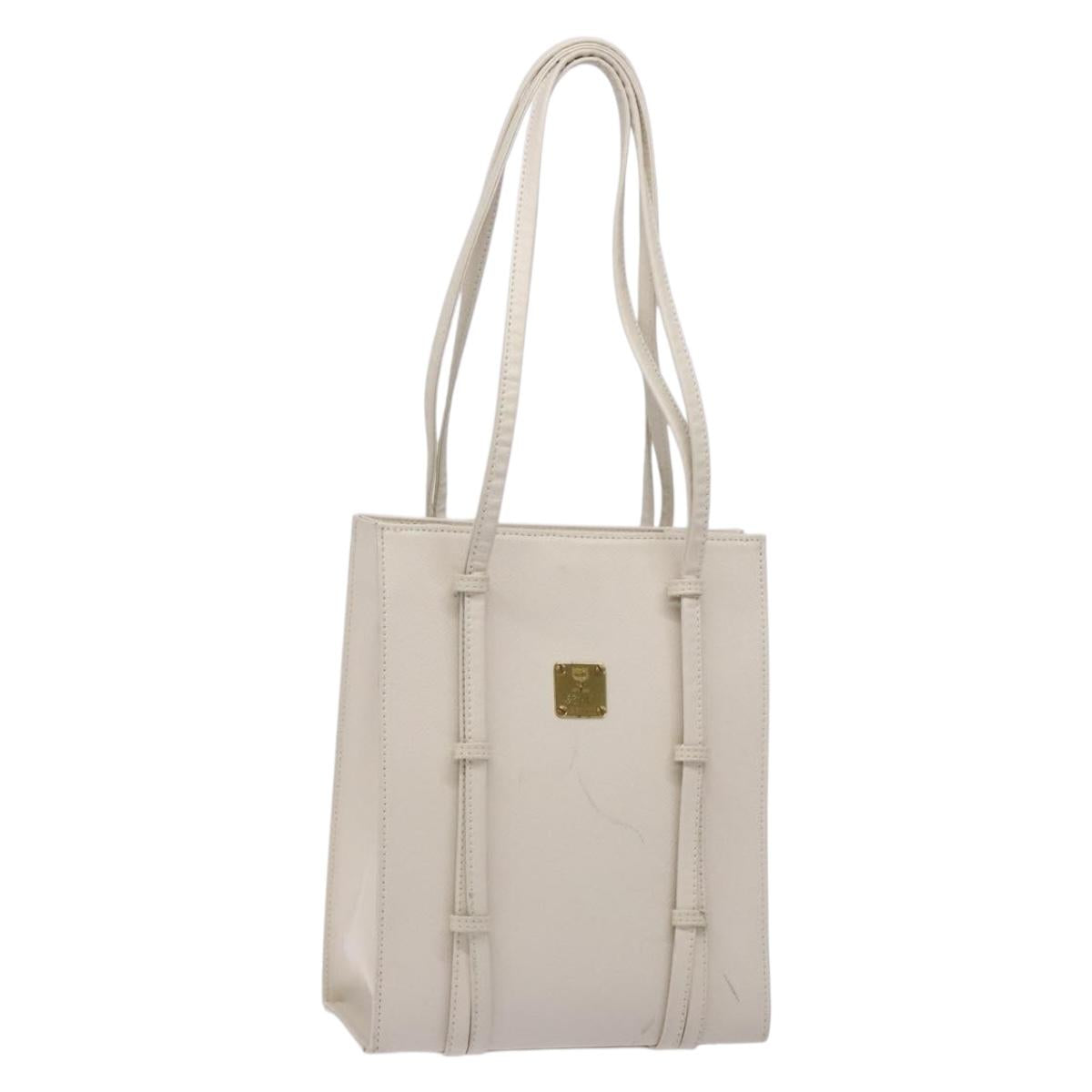 MCM Shoulder Bag Leather White Gold Auth bs27684