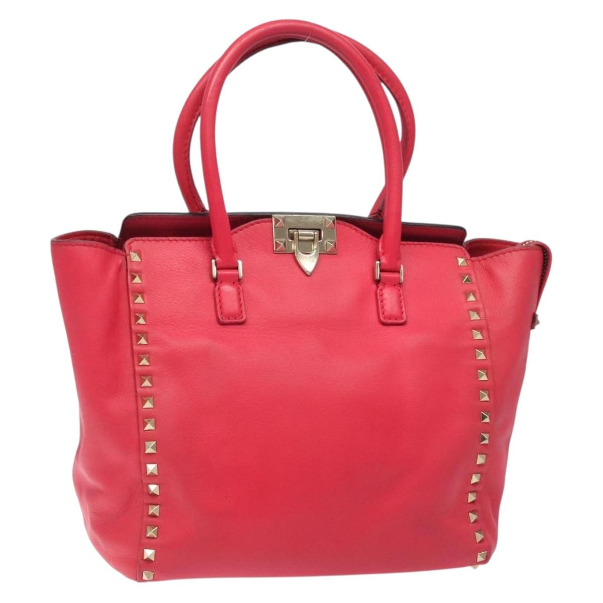 VALENTINO Valentino Rockstuds Hand Bag Leather Pink Gold Auth bs27703
