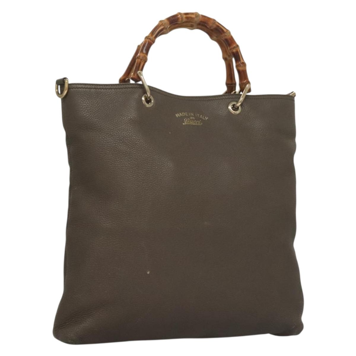 GUCCI Bamboo Hand Bag Leather Gray Gold 323663 Auth bs27789