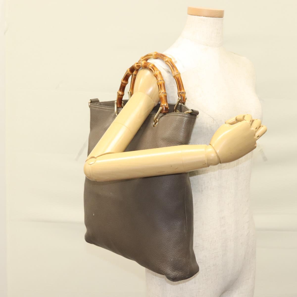 GUCCI Bamboo Hand Bag Leather Gray Gold 323663 Auth bs27789