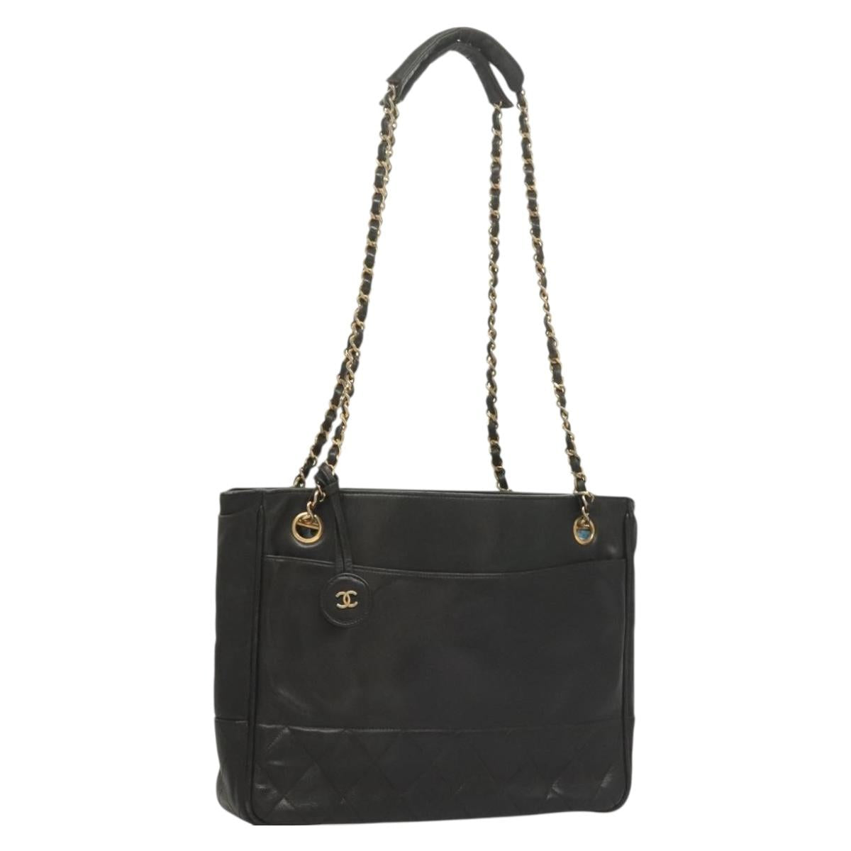 CHANEL Matelasse Chain Shoulder Bag Leather Black Gold CC Auth bs27793